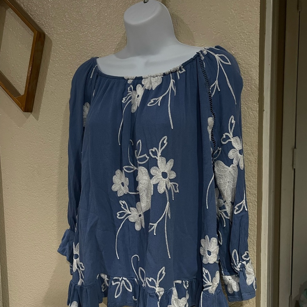Elegant Blue and White Floral Blouse